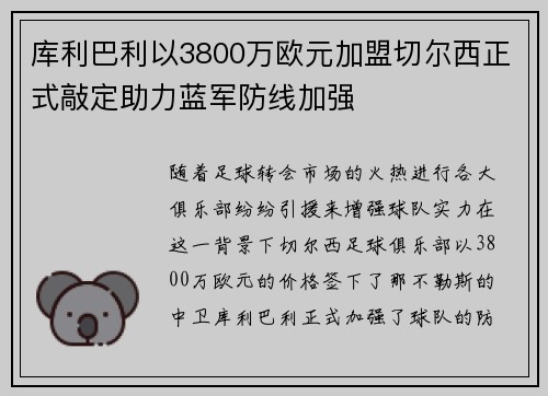 库利巴利以3800万欧元加盟切尔西正式敲定助力蓝军防线加强