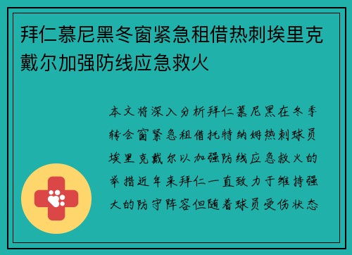 拜仁慕尼黑冬窗紧急租借热刺埃里克戴尔加强防线应急救火 拜仁慕尼黑冬窗紧急租借热刺埃里克戴尔加强防线应急救火
